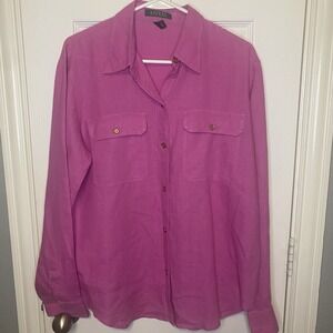 Lauren Ralph Lauren Button Front Shirt Blouse Gold Button Linen Women's Large‎